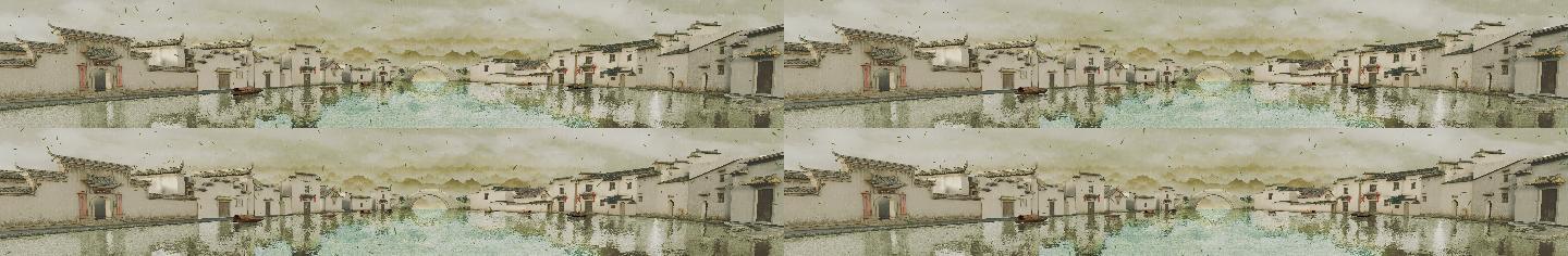 中国风 舞美背景徽派建筑落叶粒子水墨下雨