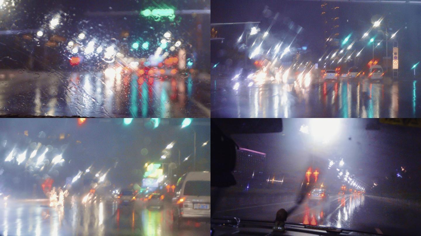 4K雨天开车城市街道夜景光斑城市夜景