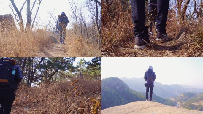 4K大气登山驴友背包客-爬山脚步探索自然