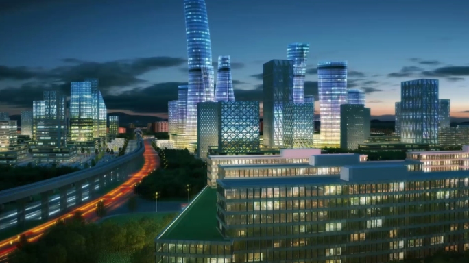 三维城市建筑夜景动画