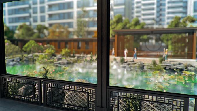 新中式建筑风格朗庭水系景观地产动画