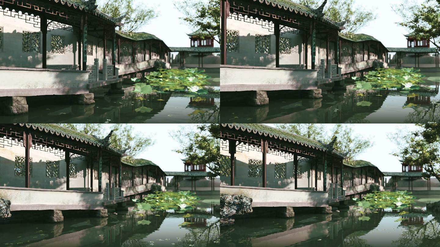 新中式建筑风格江南水景院落地产动画