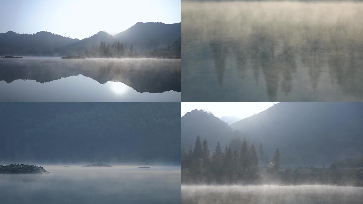山水湖边意境日出晨雾