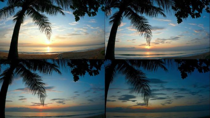 蓝天大海沙滩海边夕阳椰树剪影