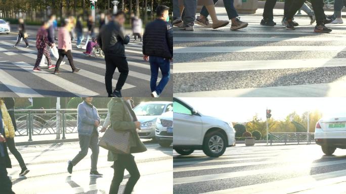 4K人群脚步特写升格慢镜过马路人流车辆