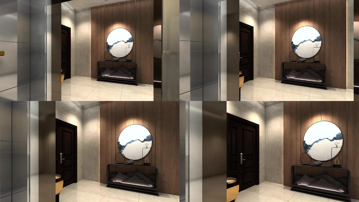 新中式建筑风格电梯前厅入户门地产动画