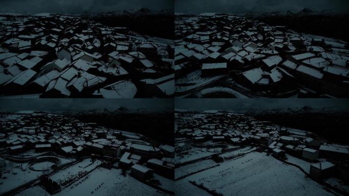 4K-夜晚白雪覆盖的山顶村庄