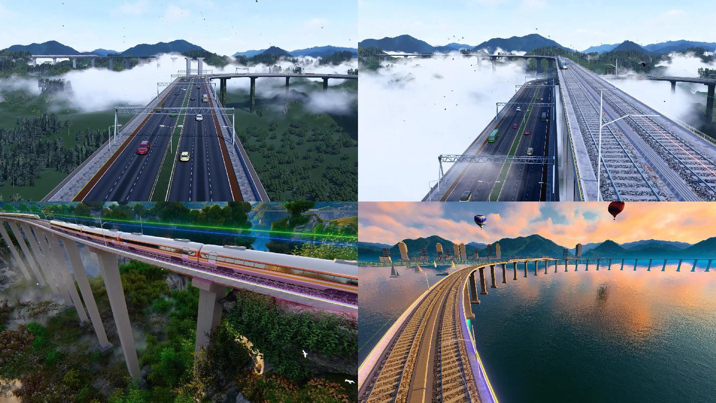 高铁动车科技桥梁生长延伸3D动画