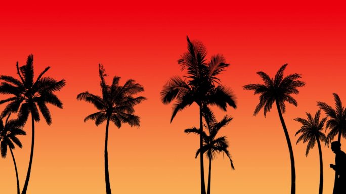 夕阳海边棕榈树人跑步剪影