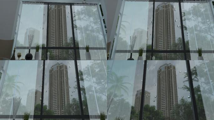 三维动画建筑漫游室内窗前雨景雨滴打在玻璃