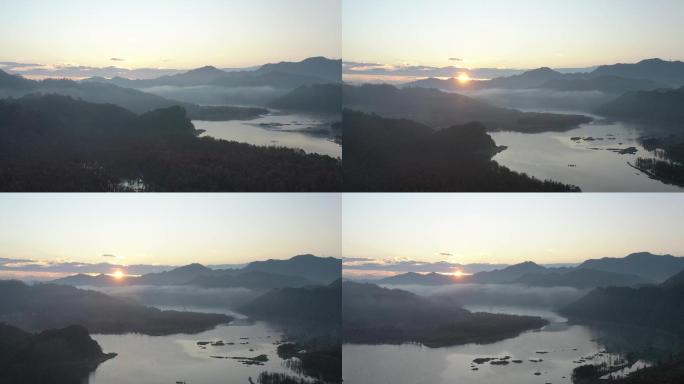 4K原素材-航拍云雾缭绕的群山、湖泊和森