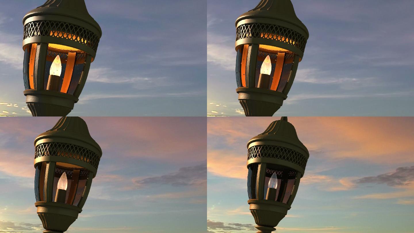 三维动画建筑漫游英伦风格的路灯点亮