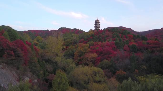 山东济南南部山区红叶谷秋天4K航拍