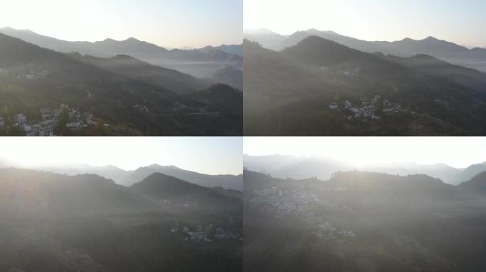 4K原素材-航拍云雾缭绕的群山和村庄