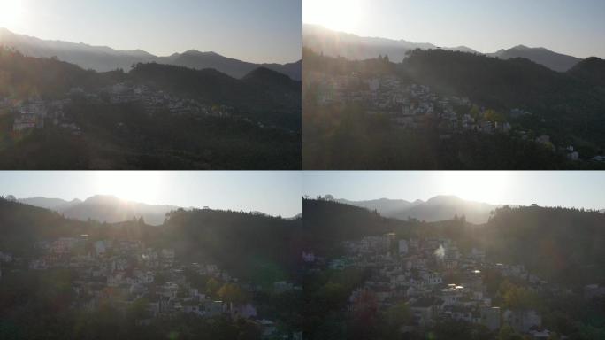 4K原素材-航拍日光映照下的群山和村庄