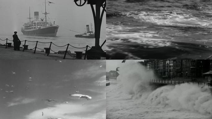 台风、海浪、轮船搁浅