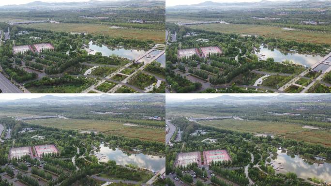 城市公园湖水县城风景4K航拍