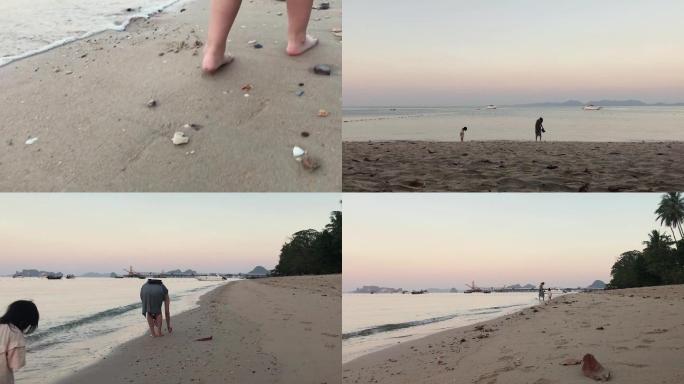 海边捡贝壳母女母子沙滩傍晚