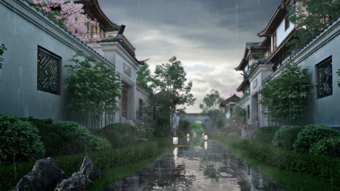 新中式园林景观下雨夜景