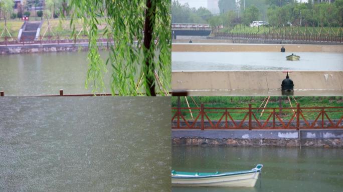 细雨蒙蒙中河上的小舟 柳树 春雨 小雨