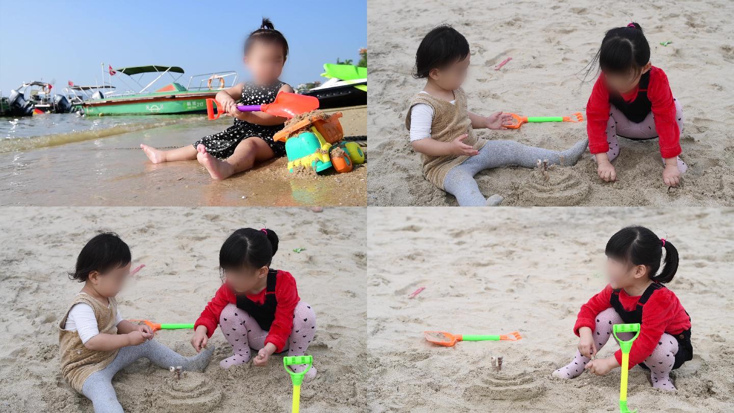 海边玩沙的小女孩