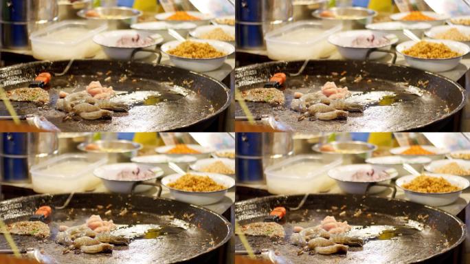 4K-铁板基围虾虾仁海鲜餐厅厨房煎锅