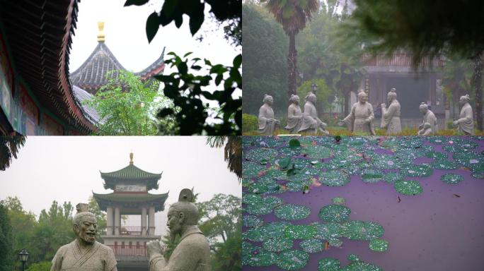 下雨中的公园（屋檐、水面、雕像、植物）