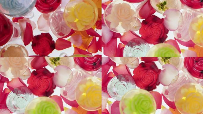 微距视频、玫瑰花瓣和透明各色玫瑰花艺术造