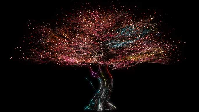 4k彩色粒子光线大树生长动画