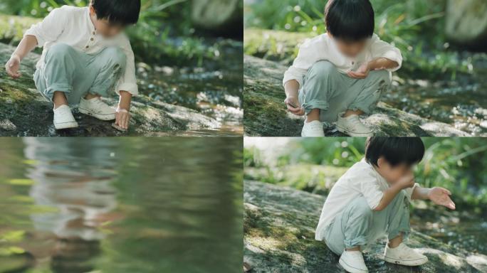 小孩溪水玩水溪边喝水童年解渴