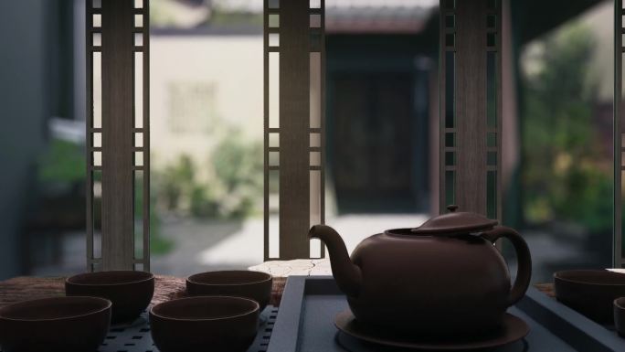 新中式水壶茶壶特写阳台景观三维3d建筑