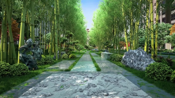 新中式园林中轴景观道路竹林竹叶飘落