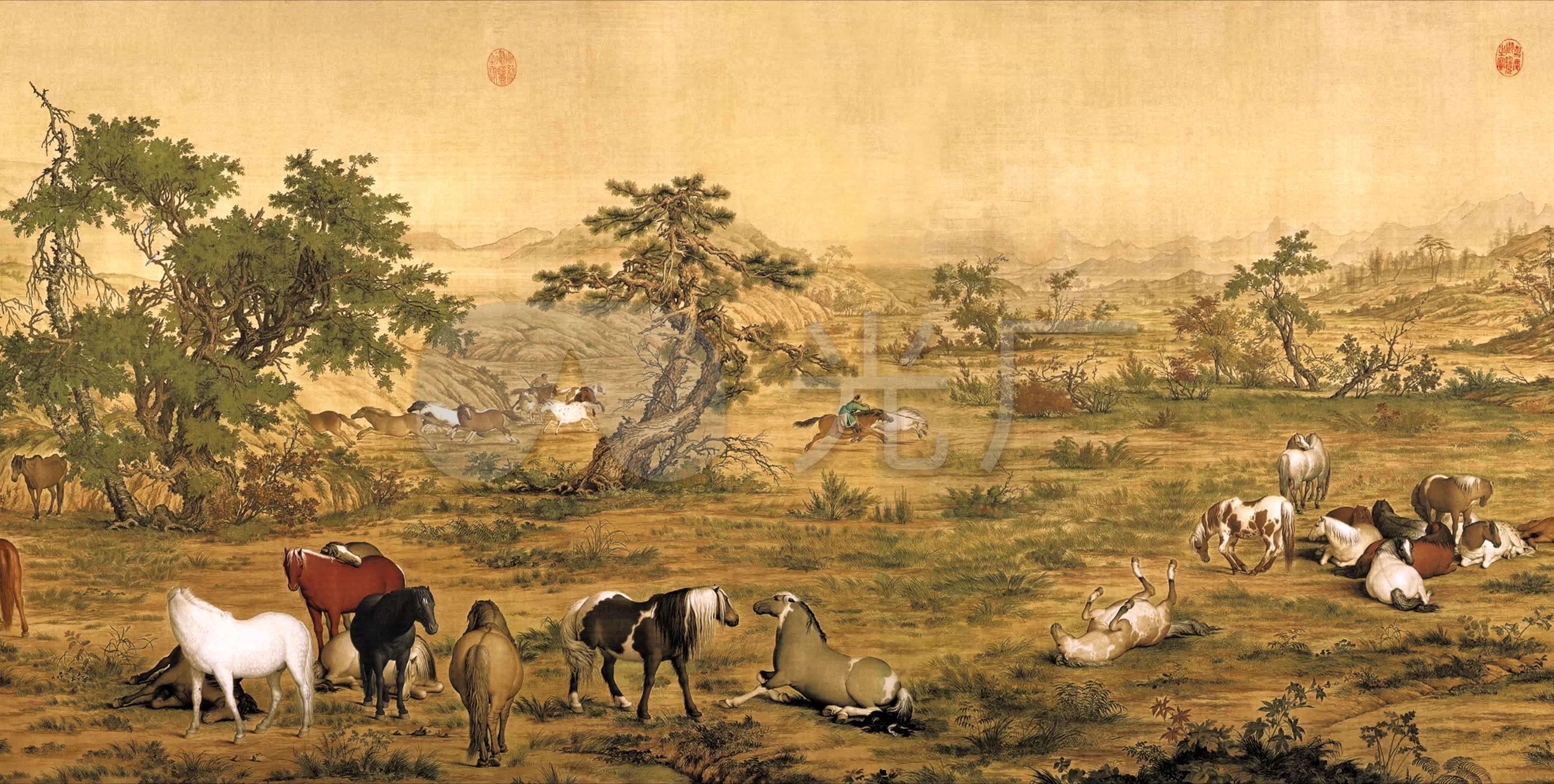 十大传世名画清代.郎世宁《百骏图》_4096X2068_高清视频素材下载(编号:4151041)_舞台背景_光厂(VJ师网) www.vjshi.com