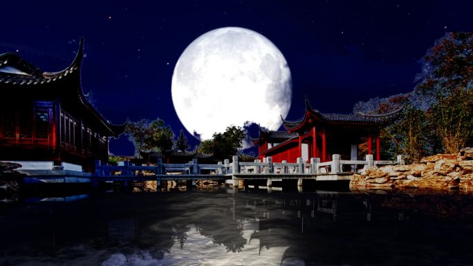 古建园林庭院湖水-夜景月亮背景