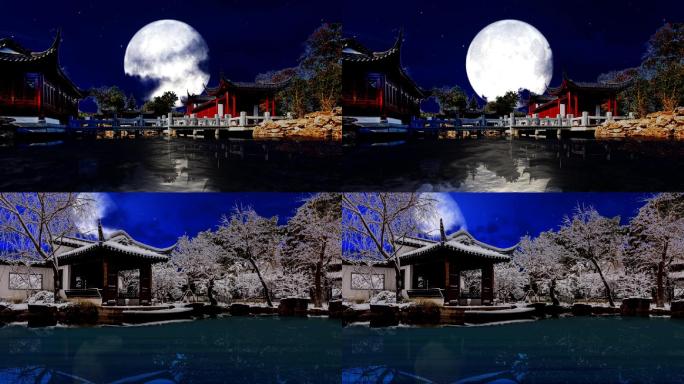 古建园林庭院湖水-夜景月亮背景