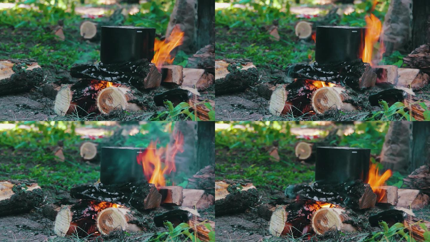 户外火堆生火煮饭野炊烧烤
