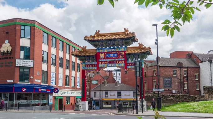 英国纽卡斯尔中国城唐人街延时摄影