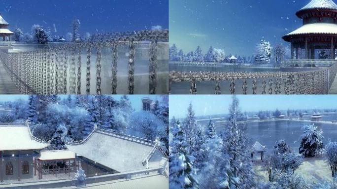 三维古建筑雪景下雪动画