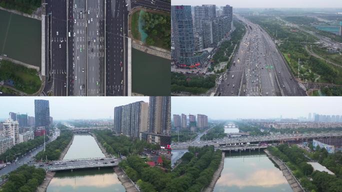 郑州CBD繁忙街道马路河流东风渠4K航拍