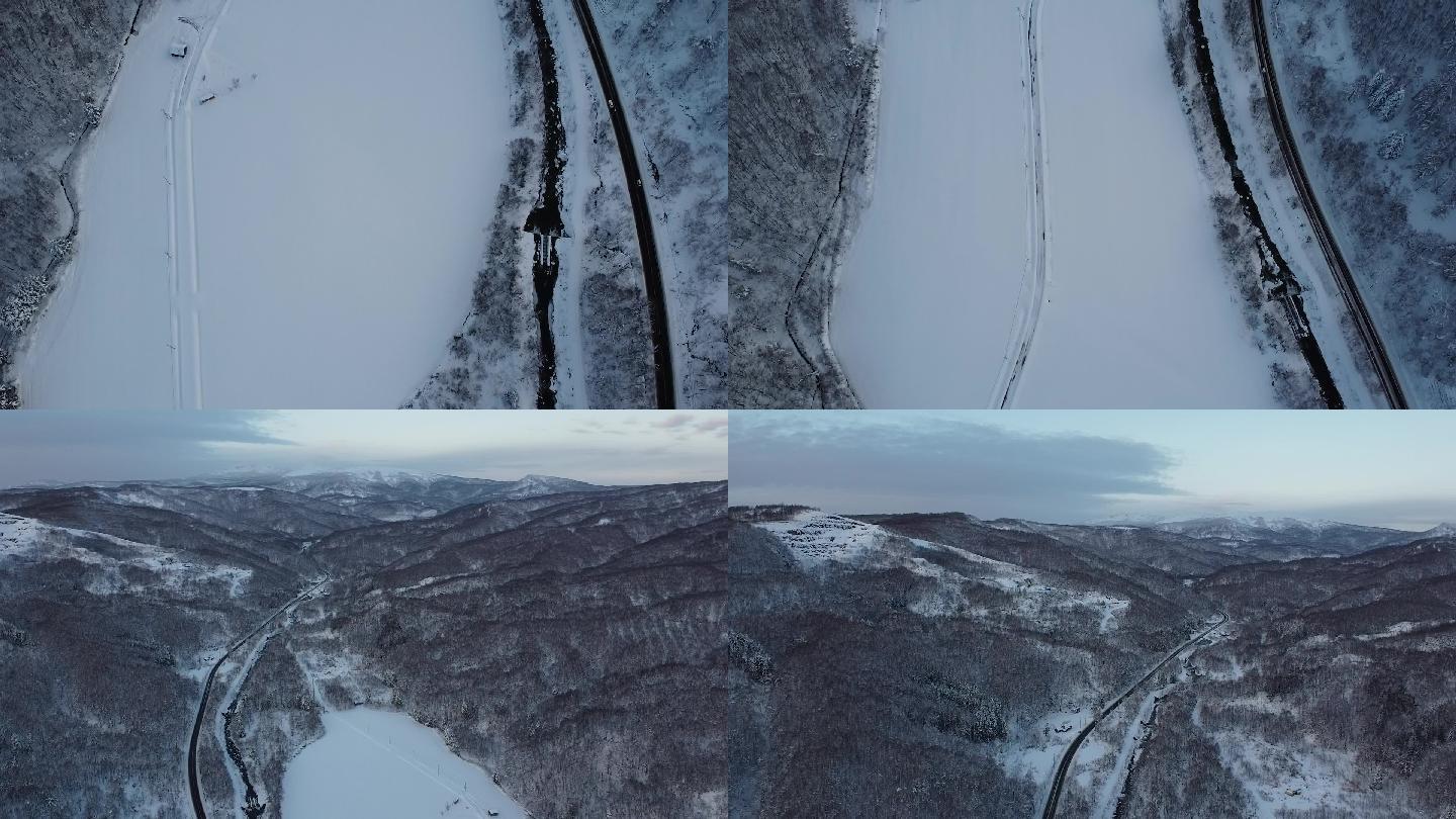 日本北海道雪景道路车辆航拍