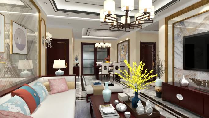新中式房地产室内客厅餐厅三维动画