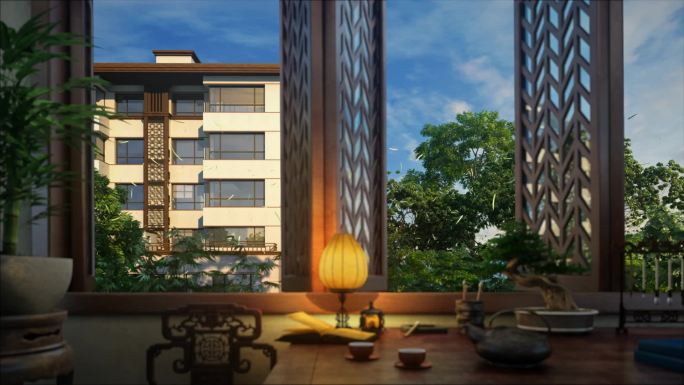 新中式房地产小区室内景观三维动画