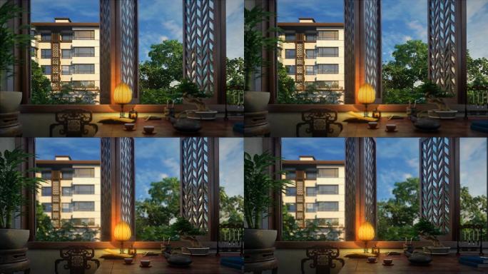 新中式房地产小区室内景观三维动画