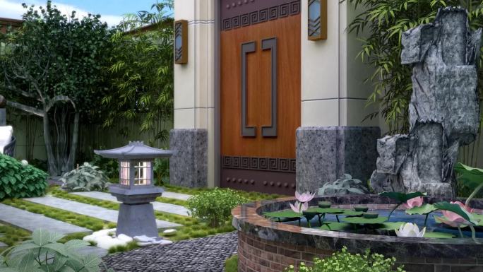 新中式房地产小区景观小院三维动画