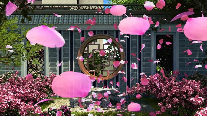 新中式庭院三维景观动画带花瓣转场