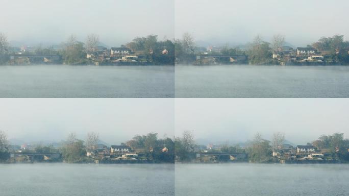 山村河边晨雾流动