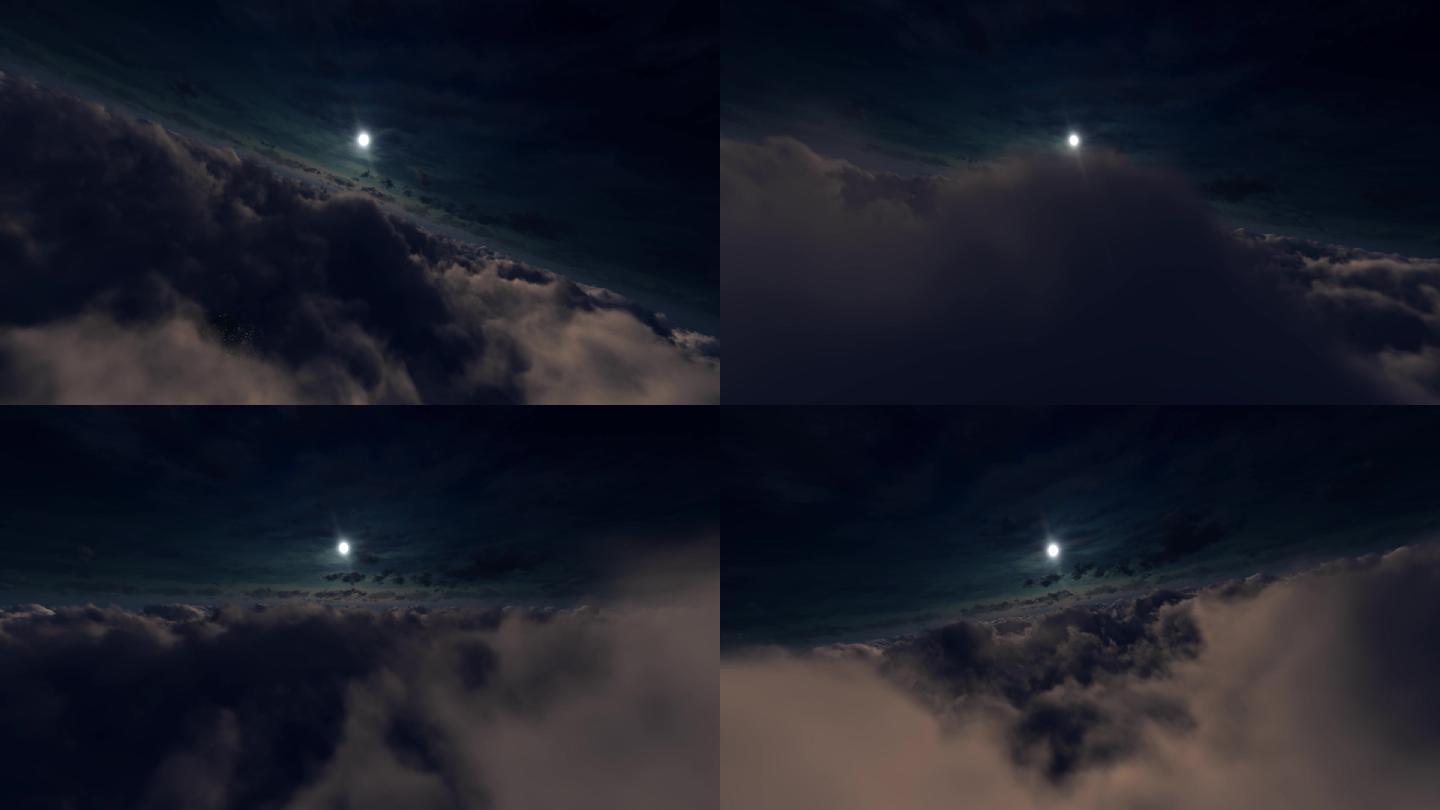 4K天空云层穿梭月亮飞行3D三维动画