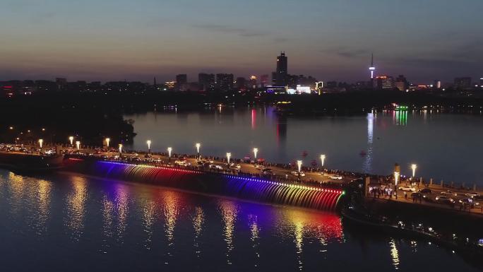 长春南湖大桥音乐喷泉夜景航拍