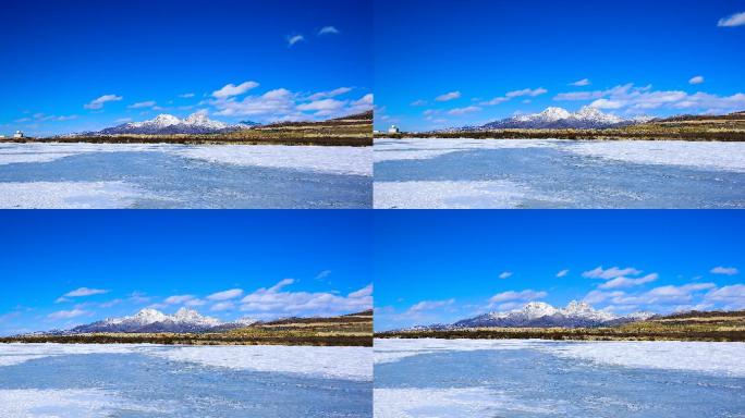 康定机场冬季斯丁措雪山蓝天白云雪景延时