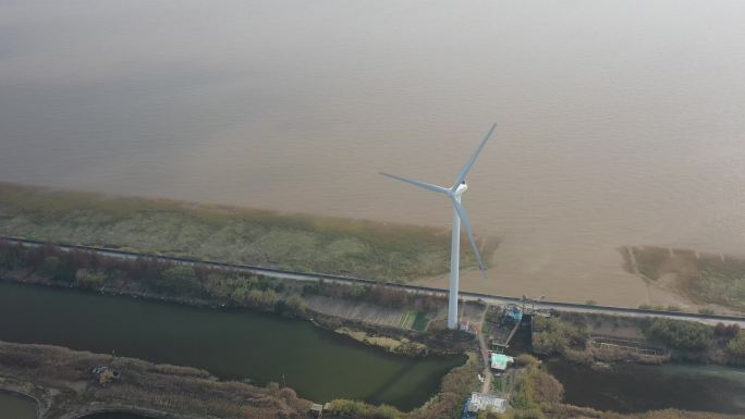 4K原素材-航拍上海奉贤海湾风力发电机